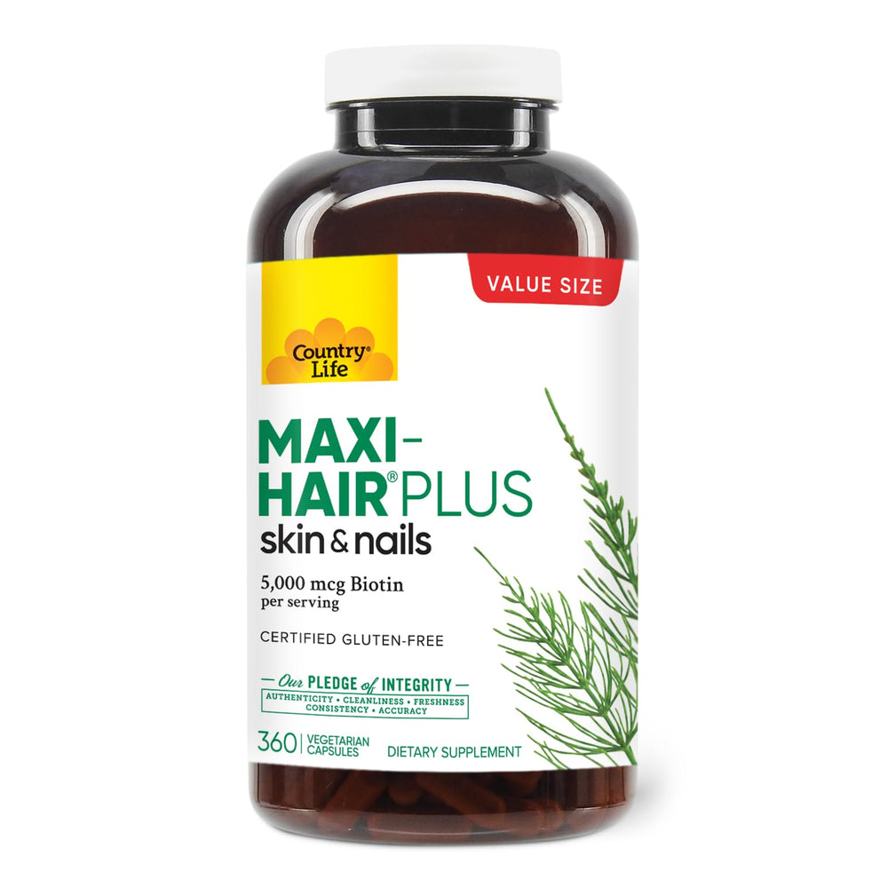 Country Life Maxi-Hair Plus bottle pour illustrating hair health support