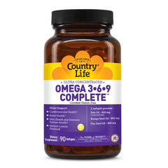Country Life Omega 3-6-9 bottle with lemon flavor supports daily cardiovascular and cognitive wellness.