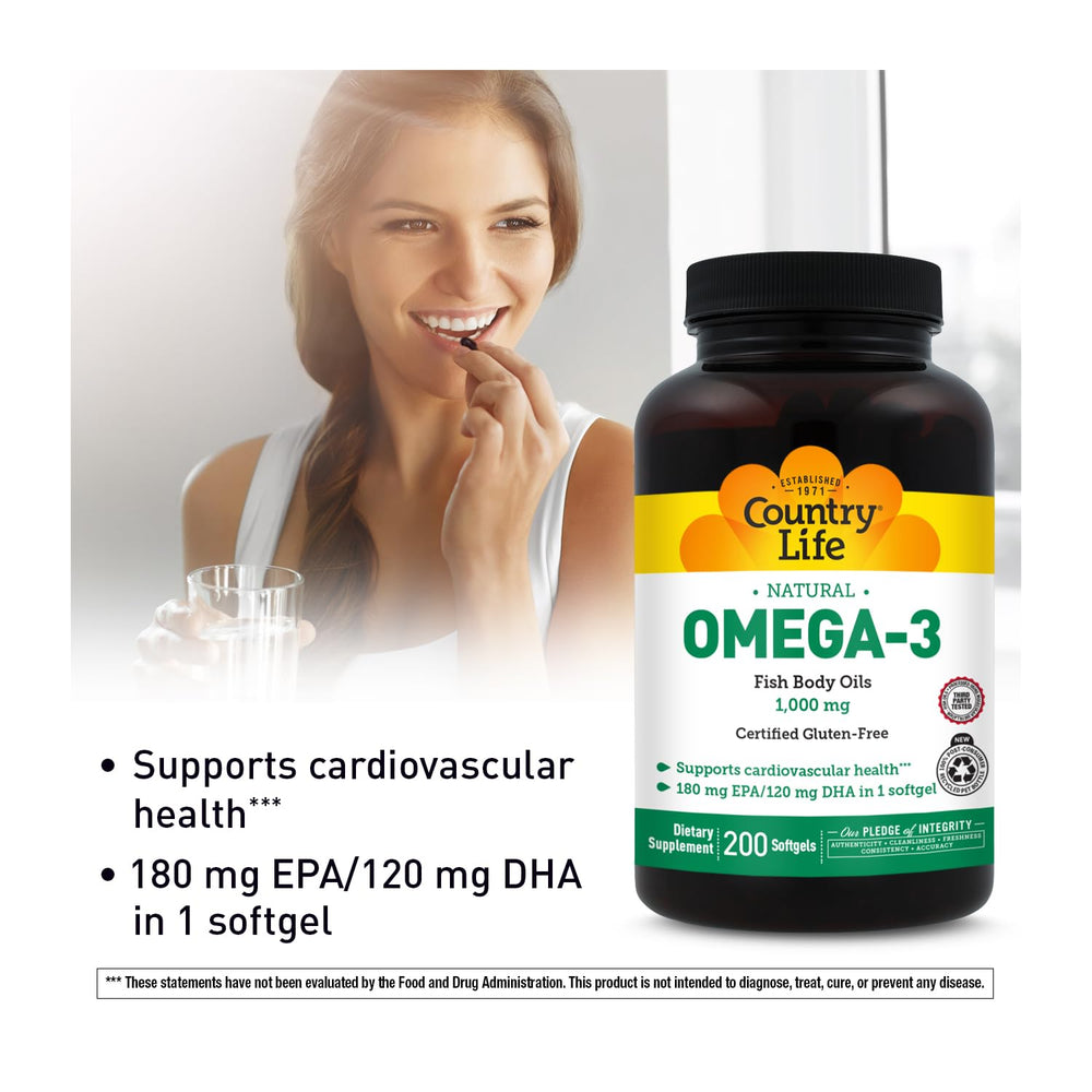 Country Life Omega-3 gluten-free label on bottle emphasizing clean ingredients