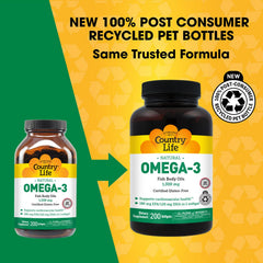 Country Life Omega-3 softgels closeup highlighting burpless formula and easy swallow