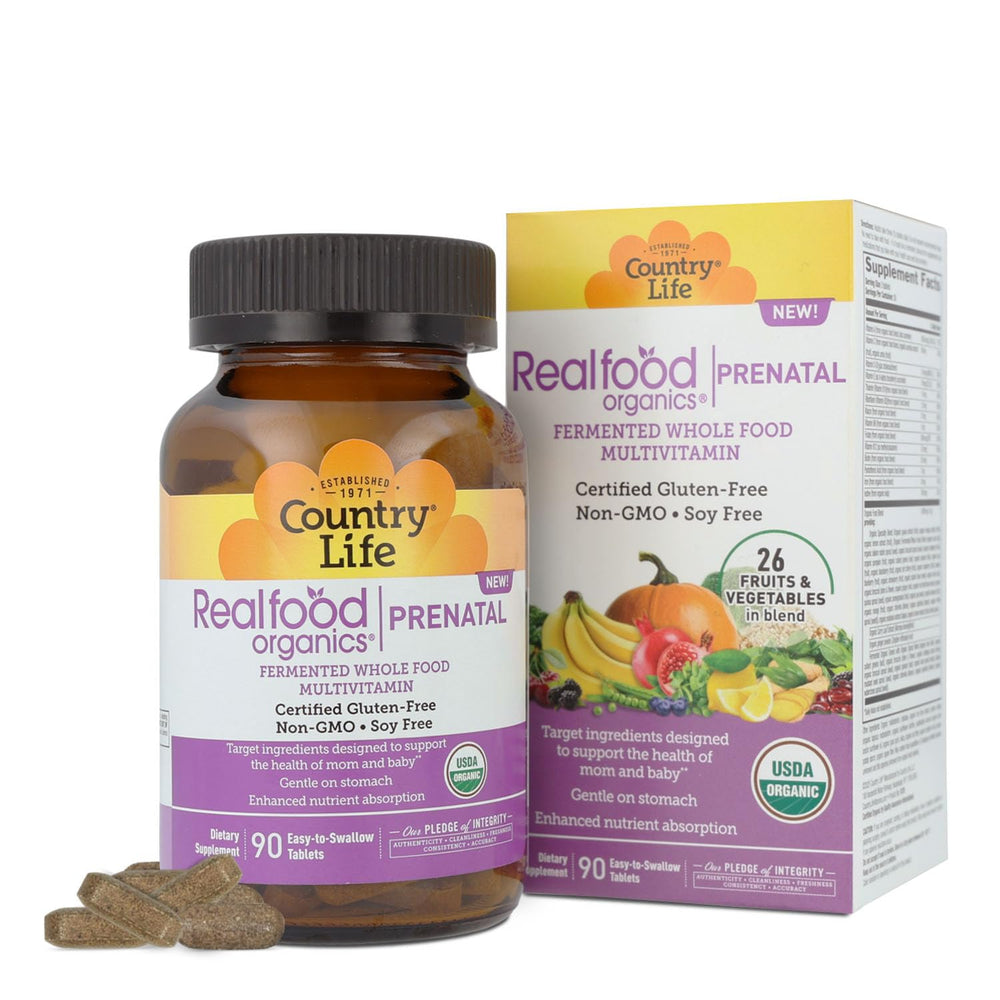 Country Life Realfood Organics Prenatal Multi bottle label highlights folate and D3