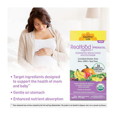 Country Life Realfood Organics Prenatal Multi side of bottle emphasizes non-constipating iron