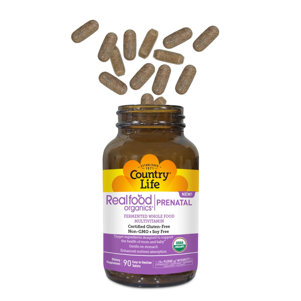 Country Life Realfood Organics Prenatal Multi packaging notes soy-free and no artificial additives