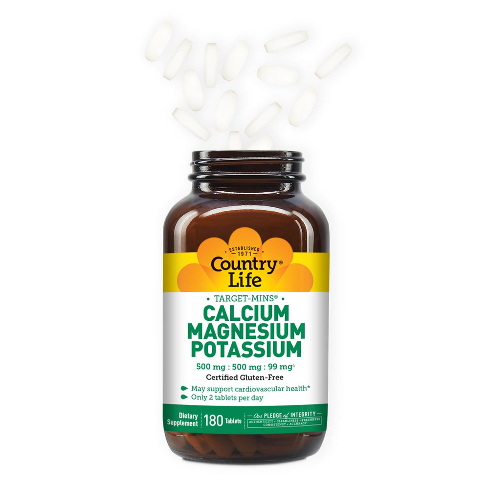 Country Life Target Mins bottle side showing calcium and magnesium details for bone support