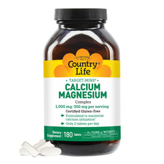 Country Life Target-Mins calcium magnesium complex bottle front promotes bone health support.