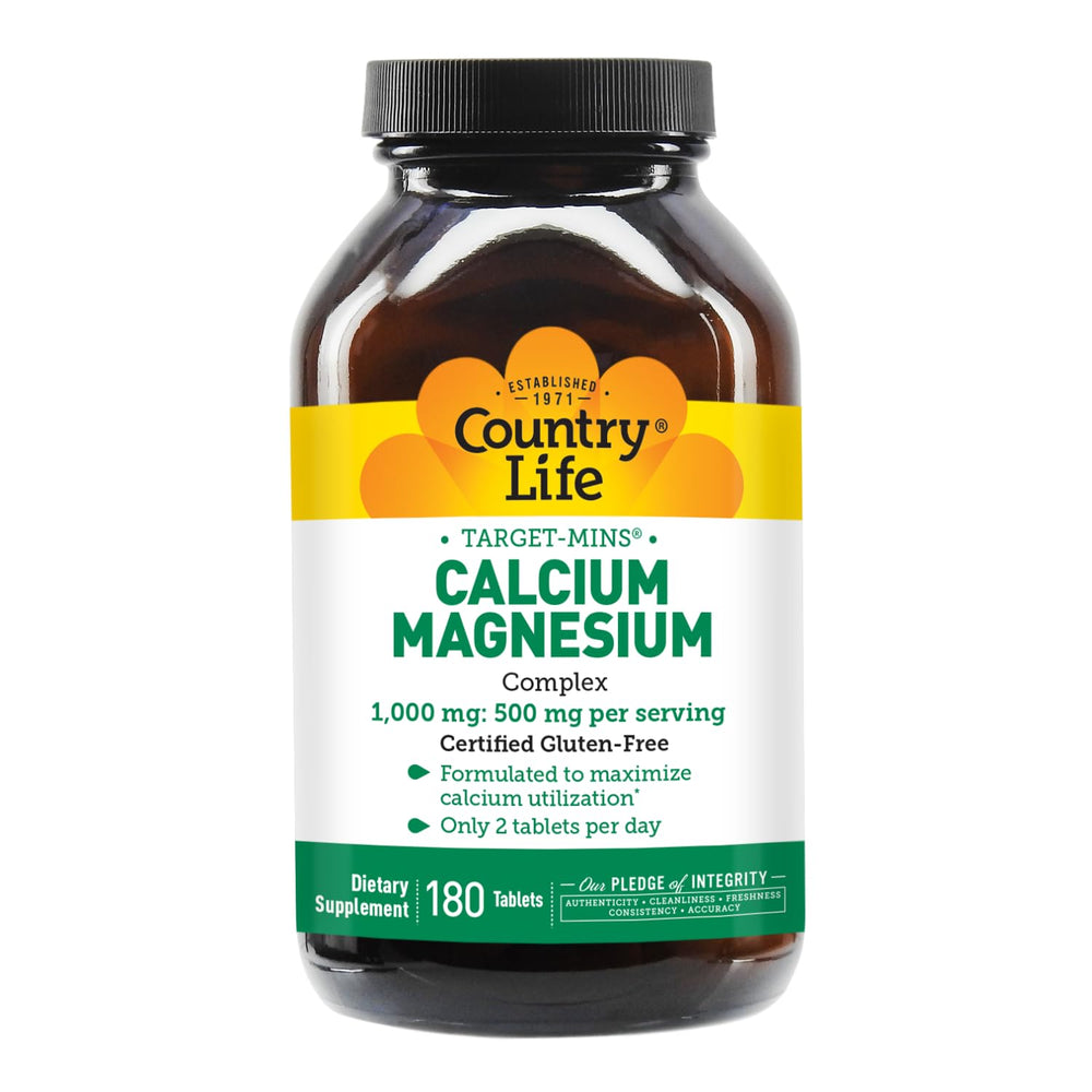 Country Life Target-Mins calcium magnesium complex tablets close-up with absorption-focused formula.