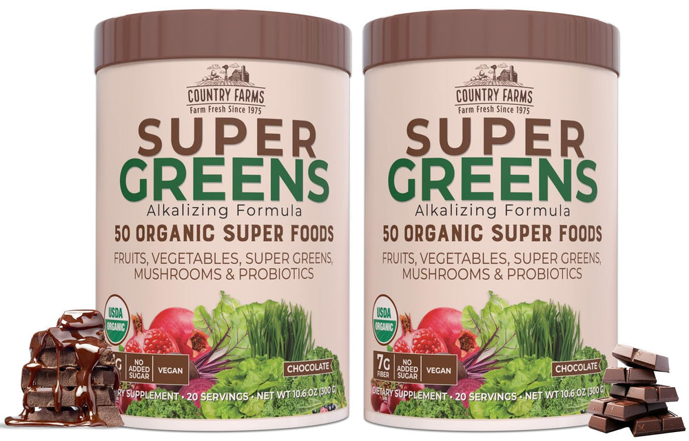 Country Farms Super Greens Chocolate bottle front with USDA Organic blend.
