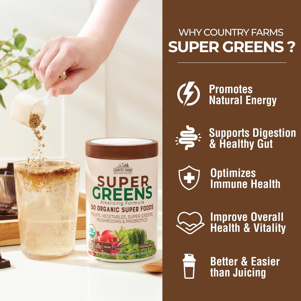 Country Farms chocolate super greens package open with scoop.