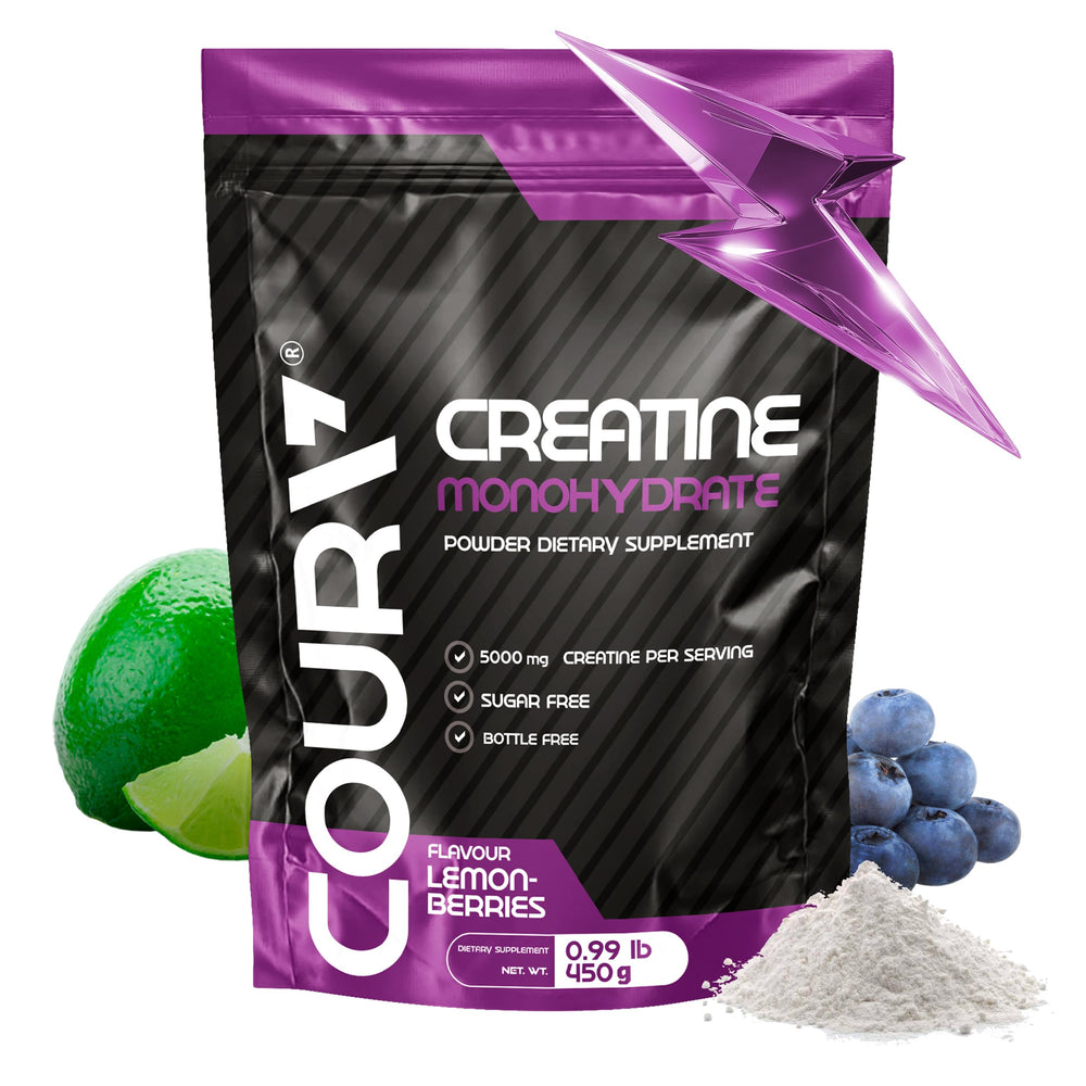 COURA Creatine Monohydrate Lemon-Berries bottle shows quick energy support.