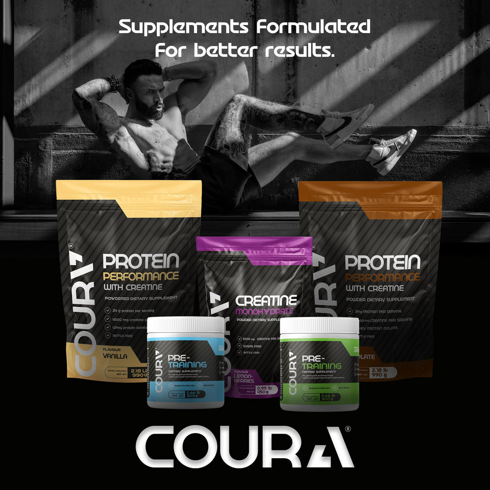COURA Creatine Monohydrate Lemon-Berries ready-to-mix serving on the counter.