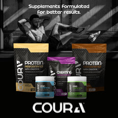 COURA Creatine Monohydrate Lemon-Berries ready-to-mix serving on the counter.