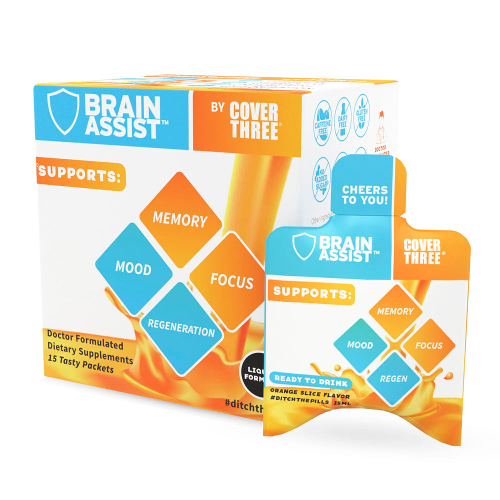 Cover Three Brain Assist liquid bottle offers convenient focus support for busy days.