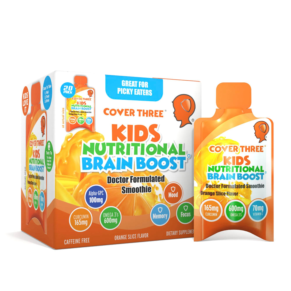 Cover Three kids brain supplement smoothie pack offers a convenient daily pouch for mindful focus.
