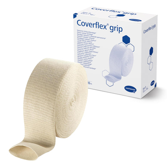 Coverflex Grip tubular bandage on the hand offers seamless support and comfortable compression.