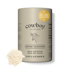 Cowboy Colostrum powder bottle front highlights premium, grass-fed formula that may support daily immune health