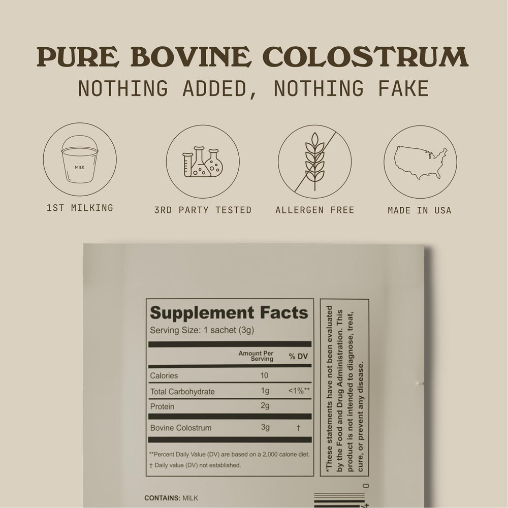 Cowboy Colostrum travel pack back view showing single-serve sachets