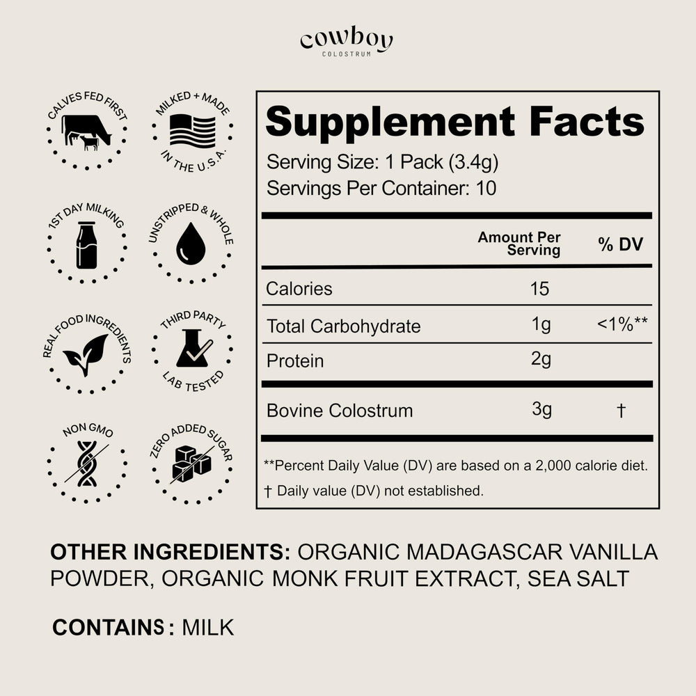 Cowboy Colostrum vanilla travel pack beside a smoothie for daily immune balance