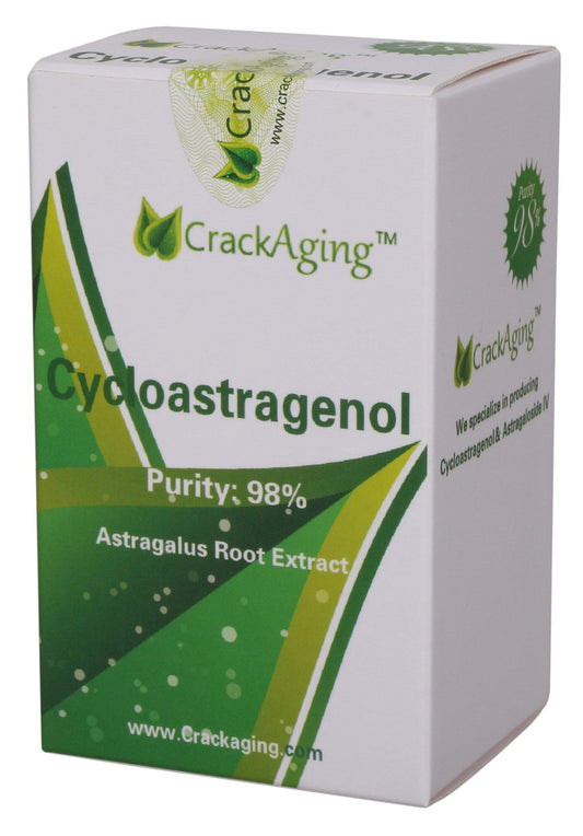 Crackaging Cycloastragenol bottle label showing 98% purity and product details