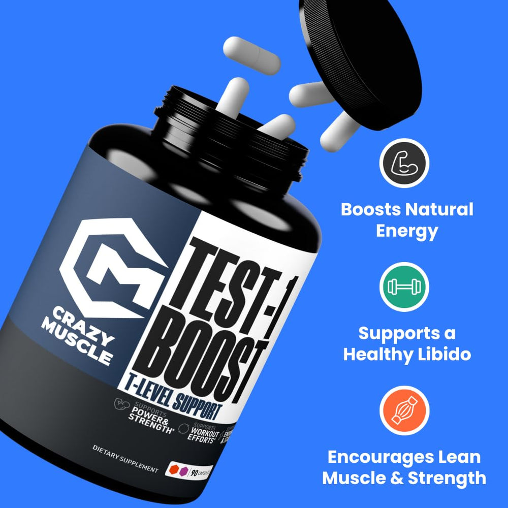 Crazy Muscle Booster capsules close-up for muscle support during training.