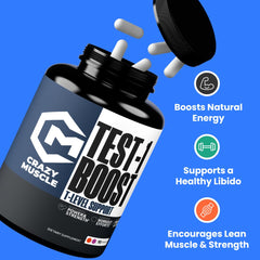 Crazy Muscle Booster capsules close-up for muscle support during training.