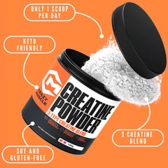 Crazy Muscle creatine monohydrate powder scoop showing easy mixing