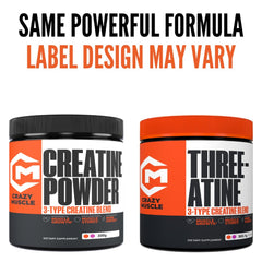 Crazy Muscle creatine powder bottle front highlighting 60 servings.