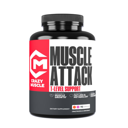 Crazy Muscle testosterone booster bottle with label highlighting DHEA