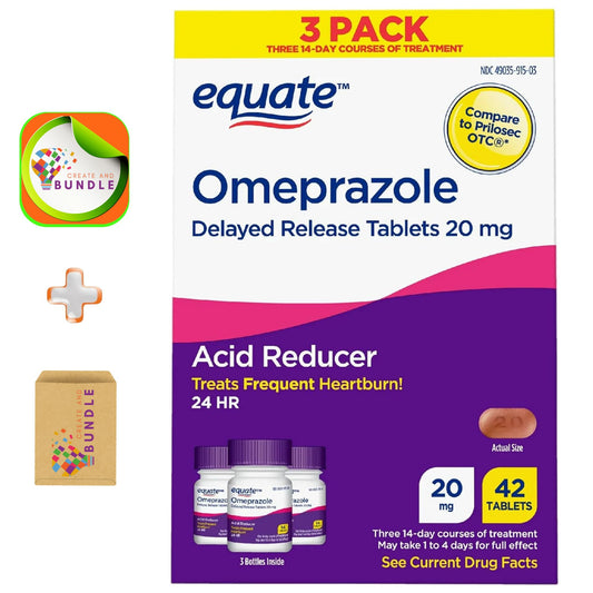 Create and Bundle Equate Omeprazole 20 mg bottle offers daily heartburn support.