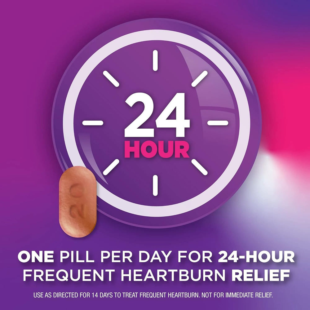 Equate Omeprazole 20 mg tablets ready for a 24-hour relief routine.
