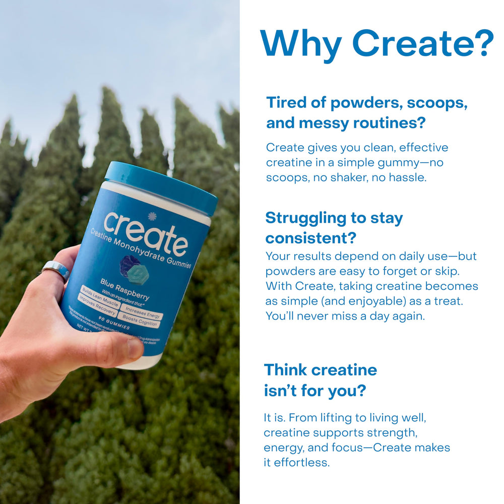 Creapure quality Creatine Monohydrate in gummies from Create brand.