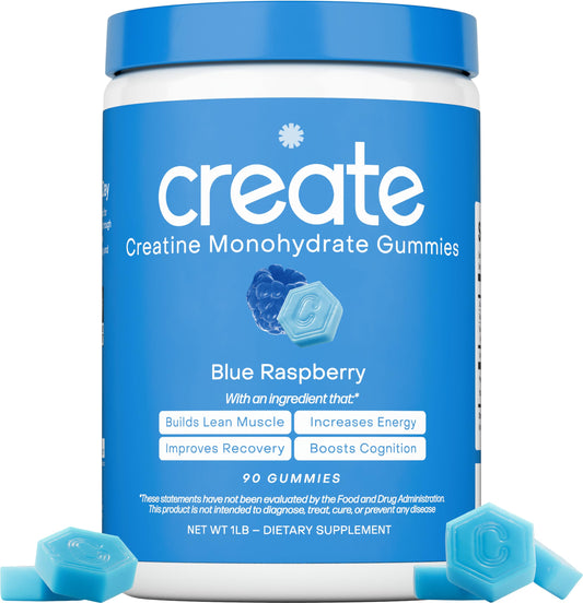 Create Creatine Monohydrate Gummies orange bottle for on-the-go focus and endurance.
