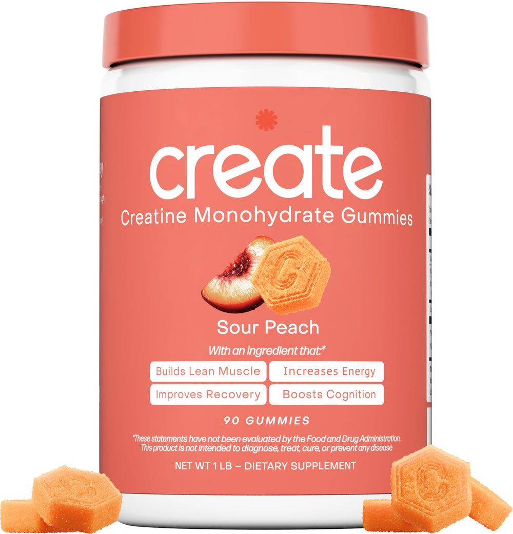 Create Creatine Monohydrate Gummies packaging with tangy sour peach flavor for on the go use