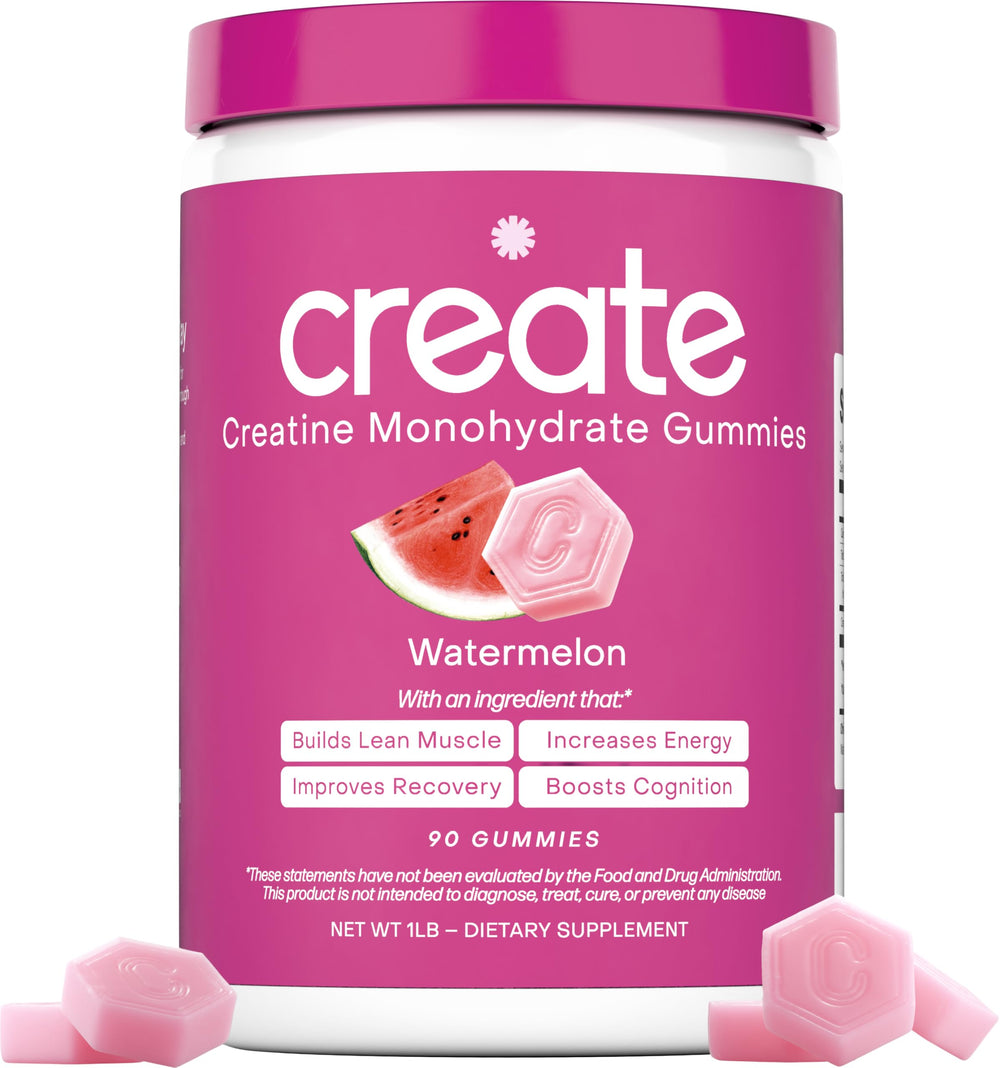 Create Creatine Monohydrate Gummies bottle front; supports workouts and recovery.