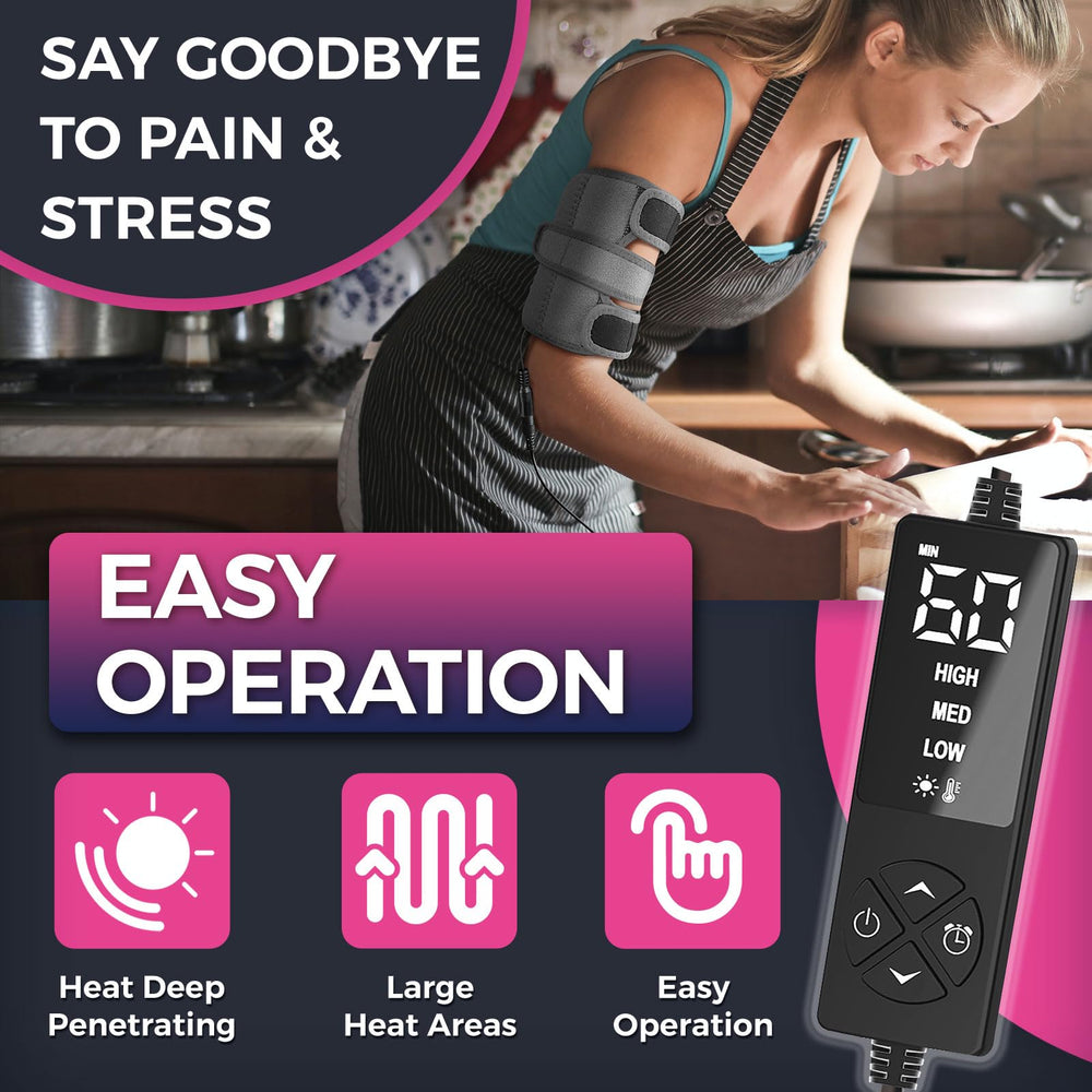 creatrill heating pad sleeve LED controller closeup shows adjustable heat settings for personalized comfort