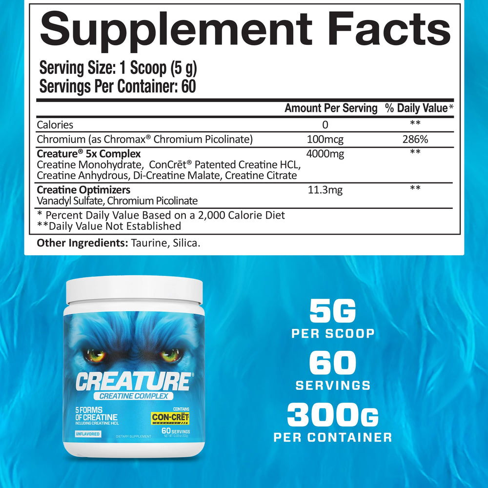 CREATURE Creatine Complex unflavored powder image shows clean keto-friendly mix