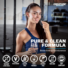 CREATURE Creatine Malate capsules close-up suggesting endurance for longer sessions
