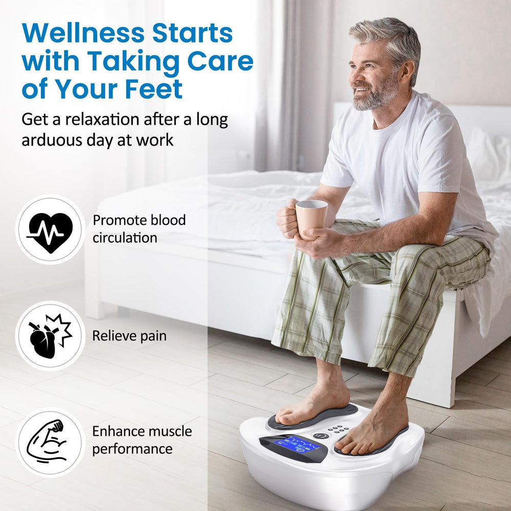 Creliver EMS Foot Stimulator Pro 2 worn on the foot during session for tired-foot relief potential