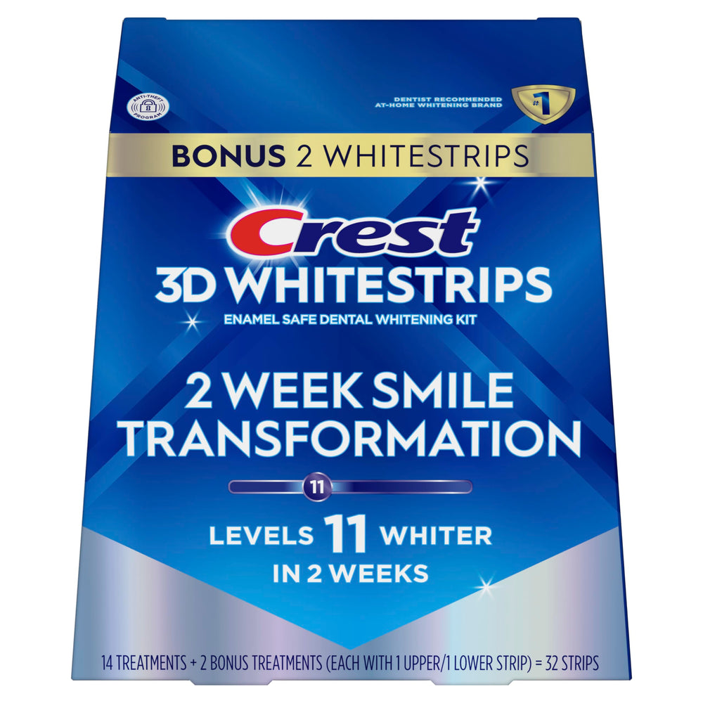 Crest 3D Whitestrips Glamorous White 30-minute daily routine on counter.