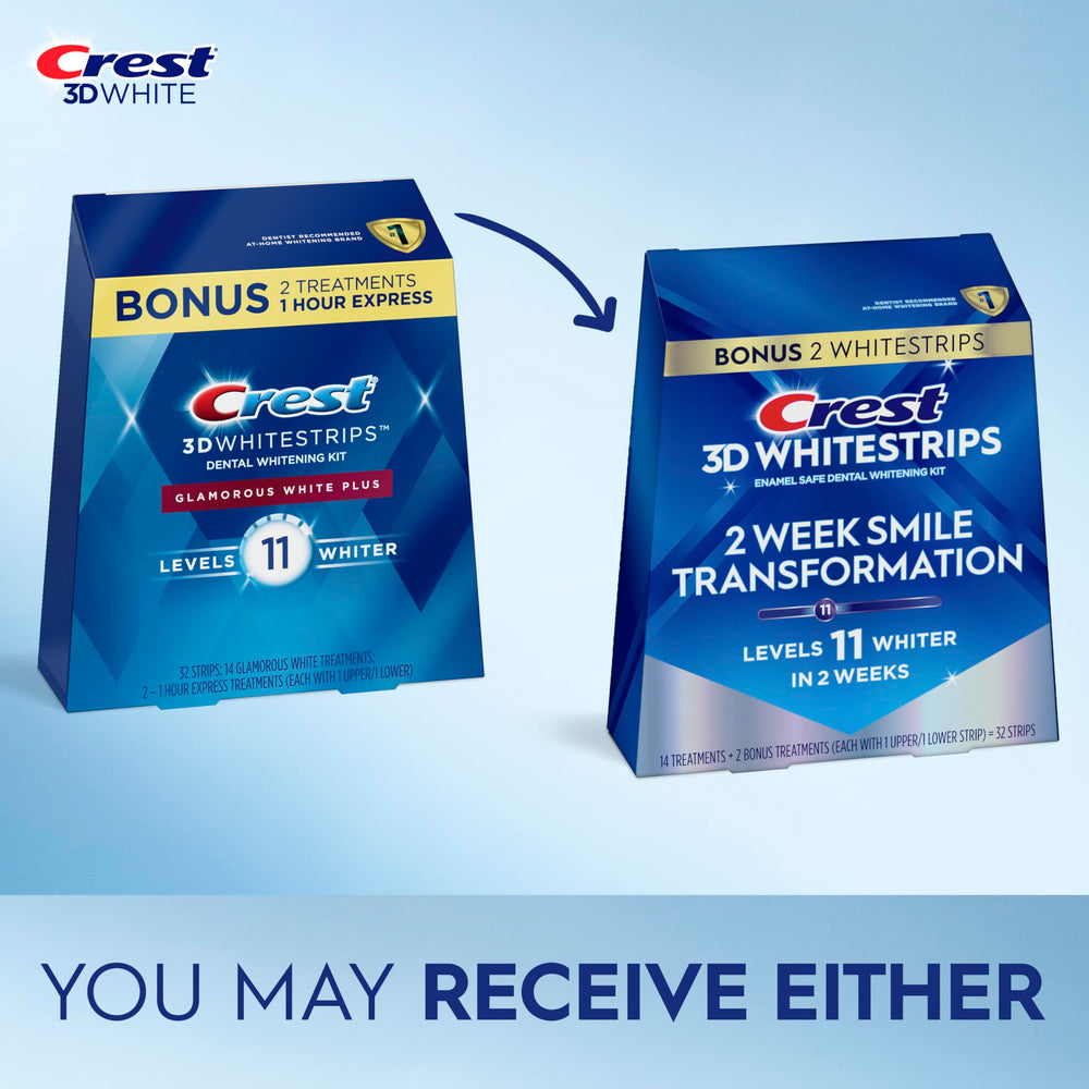 Crest 3D Whitestrips Glamorous White strip-on-teeth during wear for daily whitening.