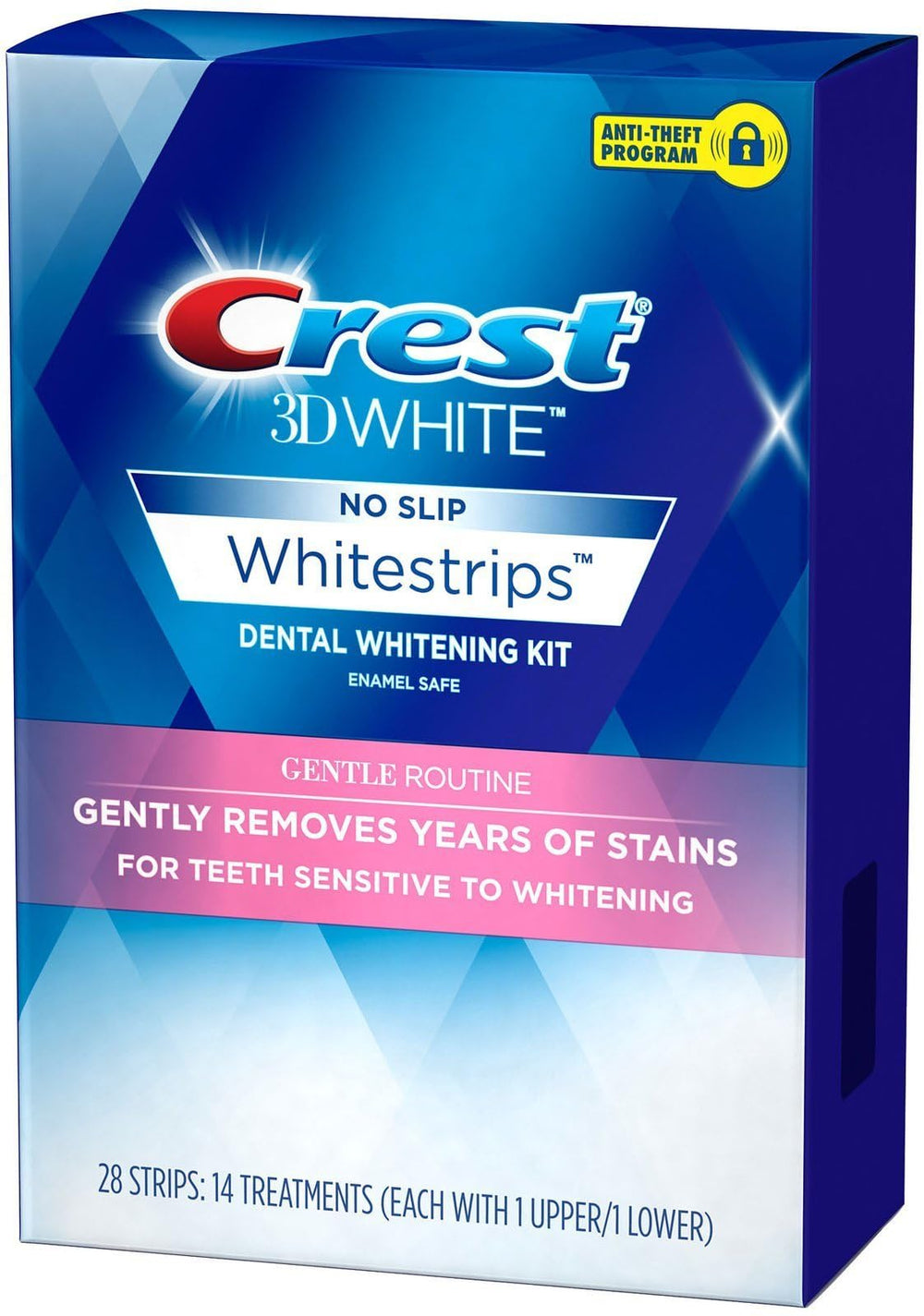 Crest 3D Whitestrips Sensitive adhesive strip on teeth, no-slip grip.