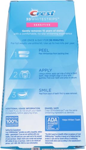 Crest 3D Whitestrips Sensitive top strip close-up, enamel-safe whitening.