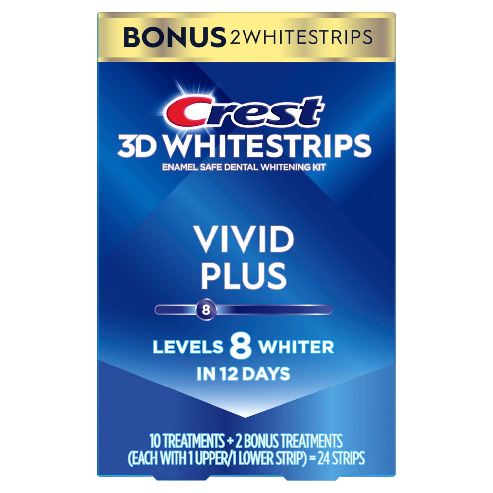 Crest 3D Whitestrips Vivid Plus upper and lower strips ready for use