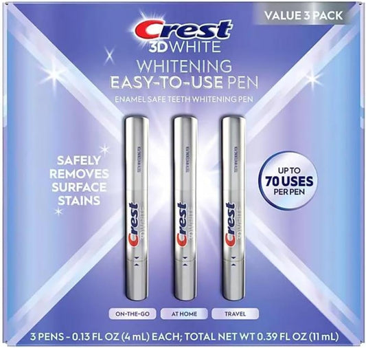 Crest 3DWhite enamel-safe pen pack shot for convenient at-home whitening.