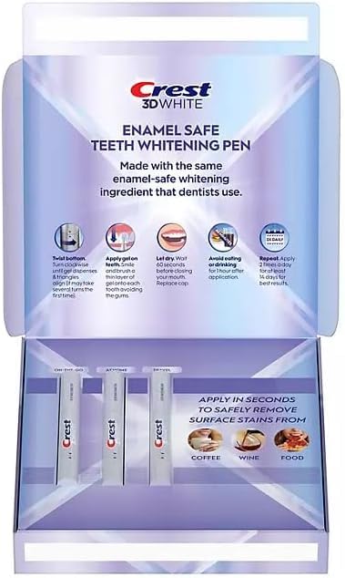 Crest 3DWhite pack front featuring 3 pens and value packaging.