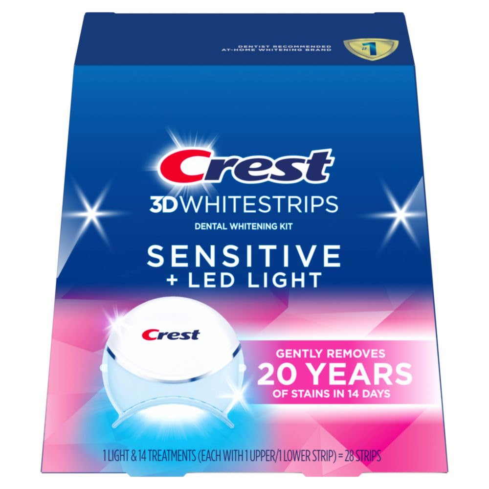 Crest 3D Whitestrips Sensitive + LED Light kit front view for gentle whitening
