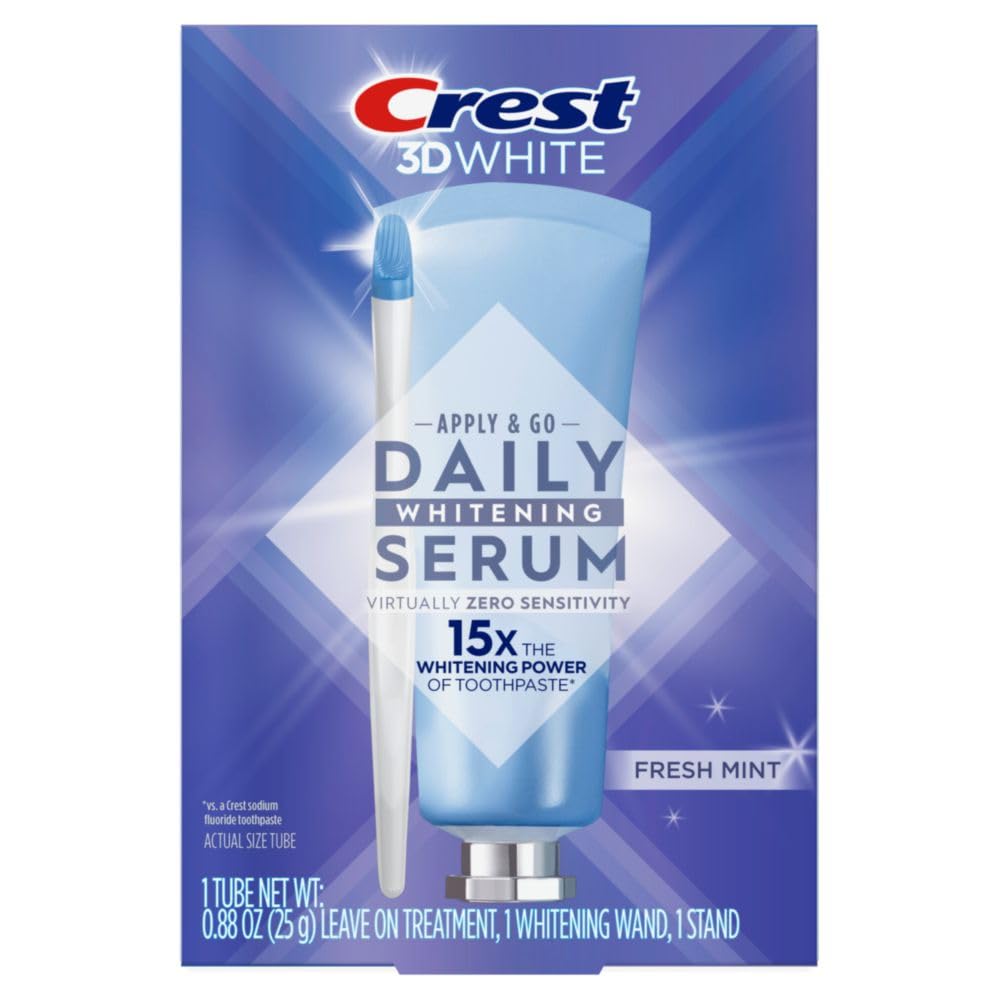 Crest Whitening Emulsions gel pen with wand applicator for precise, no-rinse whitening.