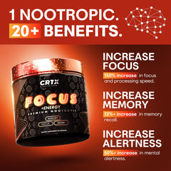 CRTX Focus capsules closeup highlighting convenient capsules for mental clarity