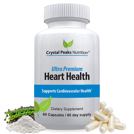 Crystal Peaks Heart Support bottle with capsules promoting circulation.