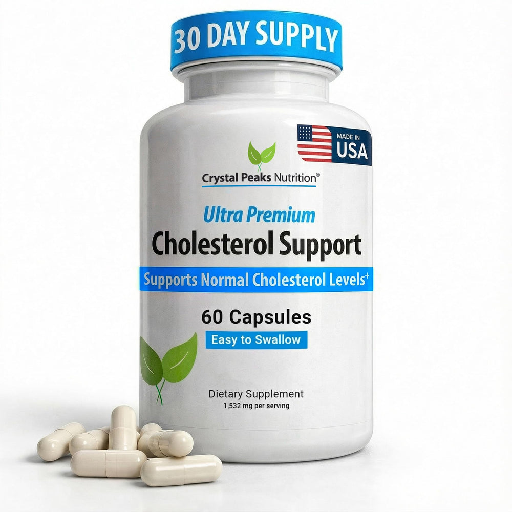 CRYSTAL PEAKS NUTRITION cholesterol bottle front showing natural circulation support.