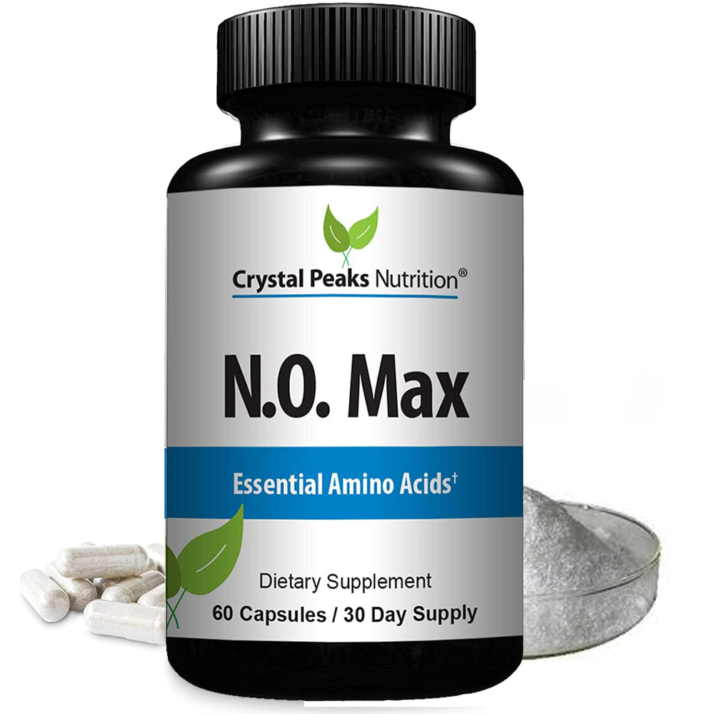 Crystal Peaks Nutrition N.O. Max bottle and nitric oxide capsules for workouts.